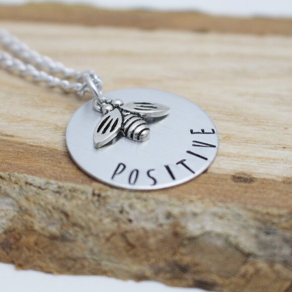 Bee Positive - Hand Stamped Pendant Necklace - 18" Chain - Handmade - Picture 3 of 6